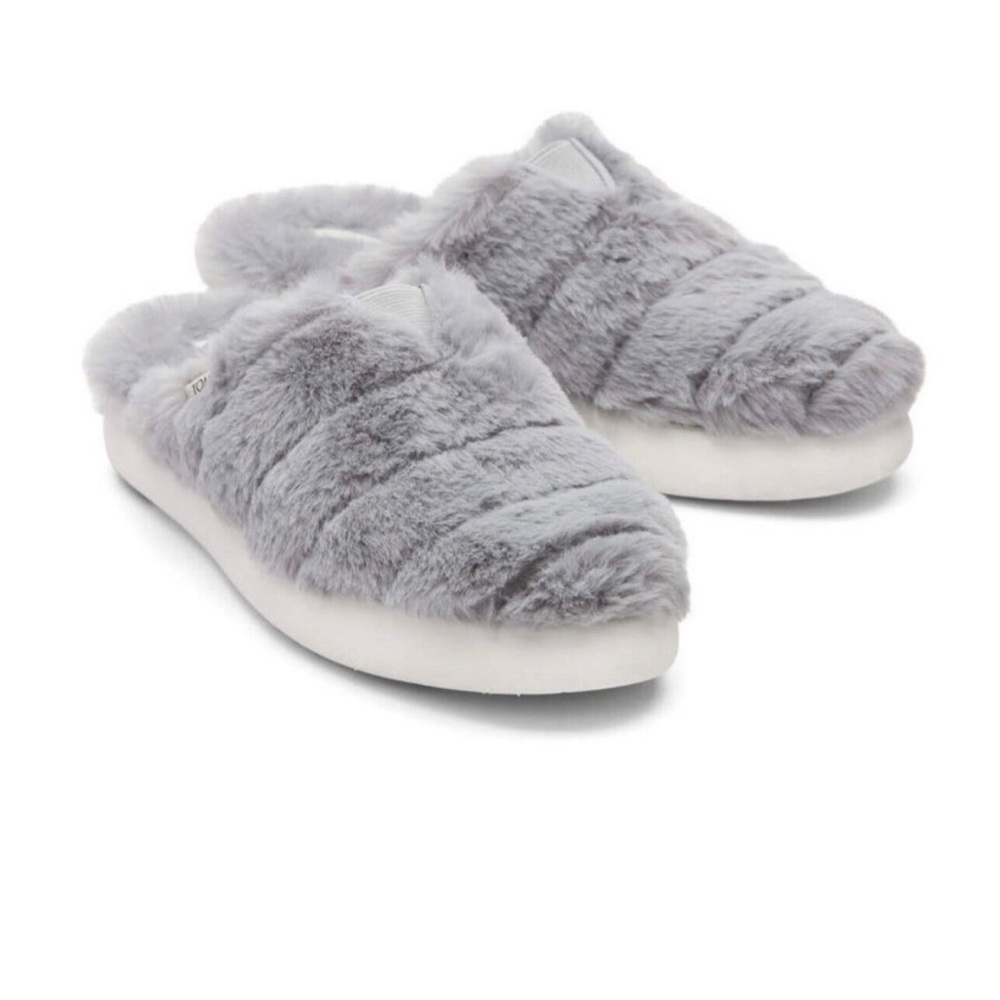 Toms Alpargata Mallow Mule Fluff Slippers Grey Faux Fur Women's